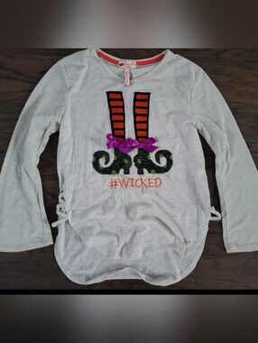 Kids Long Sleeve '#WICKED' Graphic Top with Ribbon Detail - White